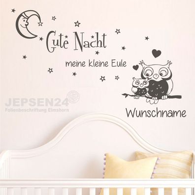 Wandtattoo Gute Nacht kleine Eule + Wunschname - Sterne Kinderzimmer Baby B04-M