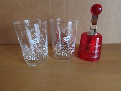 2 Probiergläser Glas mit Druck Köln Masken 1964 und Flaschenverschluß rot