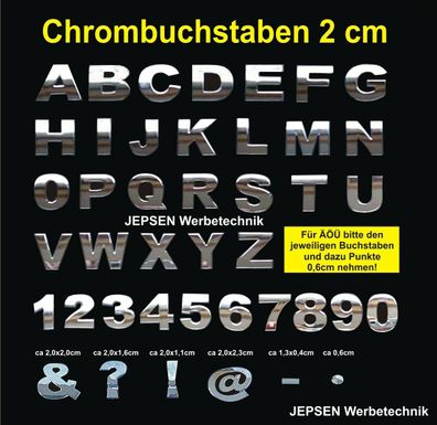 10 Zeichen 3D Chrom Buchstaben 2 cm Chrombuchstaben Aufkleber