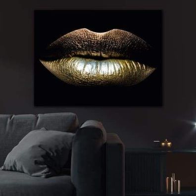 Bild Schlafzimmer Erotik | Wohnzimmer Bild | Goldene Lippen | XXL Wandbild |