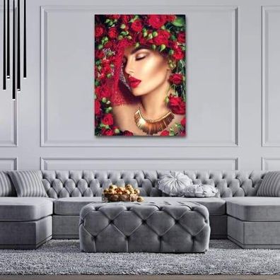 Wandbild Blumen | Gesicht | Leinwanddruck XXL | Wohnzimmer-| Schlafzimmer Bilder