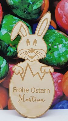 Frohe Ostern - Osterhase im Ei mit Wunschname - aus Holz Osterfest Osterzeit
