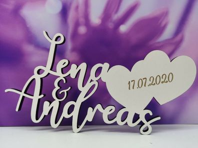 Personalisierter Schriftzug Hochzeit/ Jahrestag mit zwei Namen Herz aus Holz