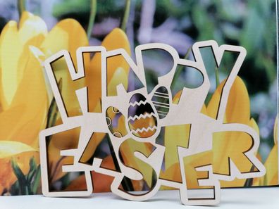 Schriftzug Happy Easter mit Ostereier Holz Natur Ostern Geschenk Deko Osterei