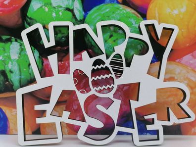 Schriftzug Happy Easter mit Ostereier Holz weiß Ostern Geschenk Deko Osterei