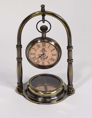 Marine Kompass und Taschenuhr im Antik Design am Ständer aus Altmessing
