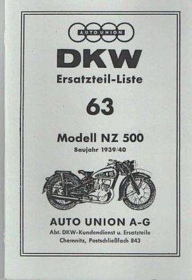 DKW Ersatzteile Liste 63, Modell NZ 500, Motorrad, Kraftrad, Oldtimer