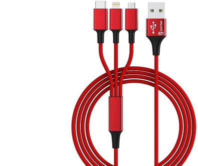 SMRTER Hydra PRO Rot 3 in 1 Ladekabel USB C Lightning Micro USB Kombi Kabel