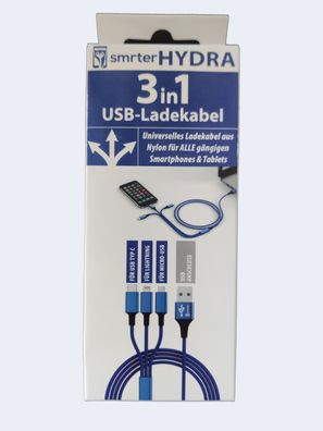 SMRTER Hydra PRO Blau 3 in 1 Ladekabel USB C Lightning Micro USB Kombi Kabel