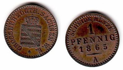 1 Pfennig Kupfer Münze Sachsen Weimar Eisenach 1865 A (109498)
