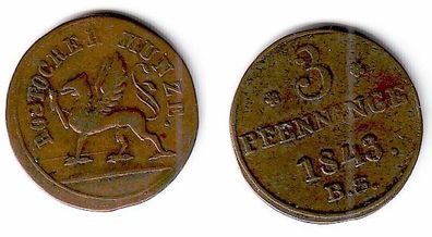 3 Pfennige Kupfer Münze Rostock 1843 B.S. (109349)