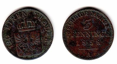 3 Pfennige Kupfer Münze Preussen 1858 A (109188)