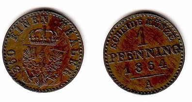 1 Pfennig Kupfer Münze Preussen 1864 A (109590)