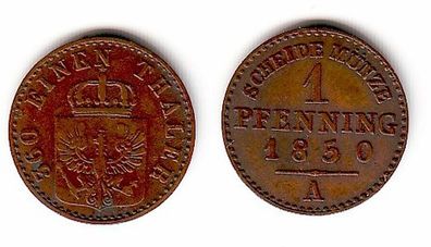 1 Pfennig Kupfer Münze Preussen 1850 A (109069)