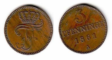 3 Pfennige Kupfer Münze Mecklenburg Schwerin 1861 A (109593)