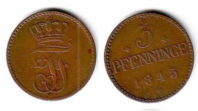 3 Pfennige Kupfer Münze Mecklenburg Schwerin 1845 (109437)
