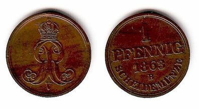 1 Pfennig Kupfer Münze Hannover 1863 B (109625)