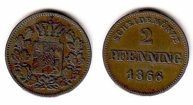 2 Pfennig Kupfer Münze Bayern 1866 (101753)