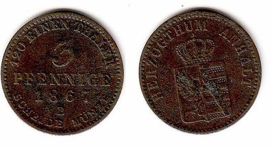 3 Pfennig Kupfer Münze Anhalt 1867 B (108590)