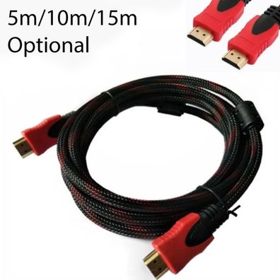 5m/ 10m/ 15m HDMI 1.4 Kabel rot/ schwarz Full HD Highend Ethernet vergoldet Neu