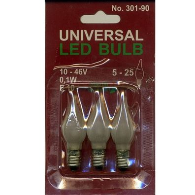 Universal LED Glühbirne E10 3er satiniertes Glas 10-46V 0,1W 301-90