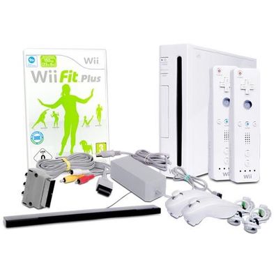 Wii Konsole in Weiss + alle Kabel + 2 Nunchuk + 2 Fernbedienung + Spiel Wii Fit ...