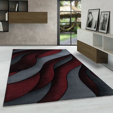 Kurzflor modern Teppich, Wohnzimmerteppich,3-D Wellen Muster, Rechteckig ROT