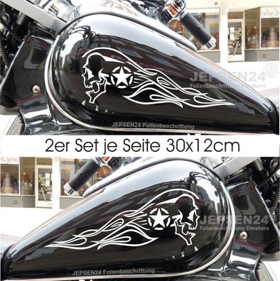 2x Motorrad Aufkleber Scull Totenkopf Flame Set 2 Stern - 30cm Farbwahl