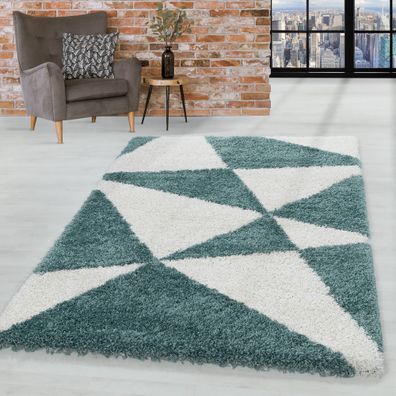 Design Hochflor Teppich Wohnzimmerteppich Muster Abstrakte Dreiecke Blau