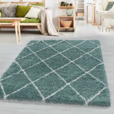 Hochflor Design Teppich Wohnzimmerteppich Muster Raute Flor Weich Farbe Blau