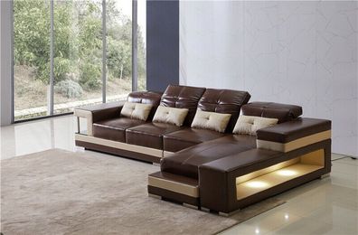 Ecksofa Leder Wohnlandschaft Garnitur Design Modern Sofa L-Form Braune Couch