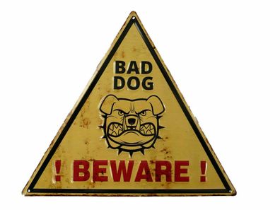 Blechschild "Beware Bad Dog" Bissiger Hund Achtung Warnung Bulldogge 34x30cm
