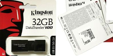 USB Stick 32GB DataTraveler USB 3.1/3.0 Kingston DT100. NEU &, in eingeschweißten OVP