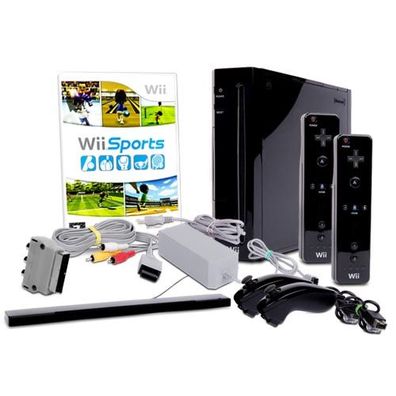 Wii Konsole in Schwarz + alle Kabel + 2 Nunchuk + 2 Fernbedienungen + Spiel Wii ...