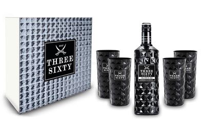 Three Sixty Geschenkset Three Sixty Black Vodka 0,7L 700ml (42% Vol) + 4 Gläser Black