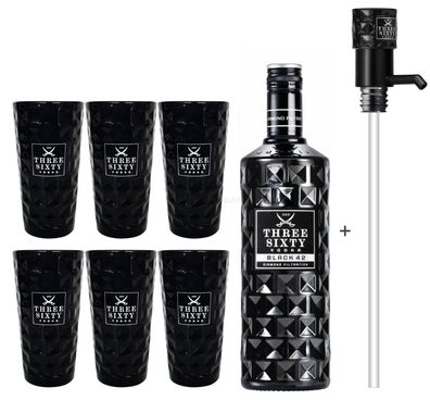 Three Sixty Black 42 Vodka 3L (42% Vol) + Pumpe + 6x Black Longdrink Gläser eck