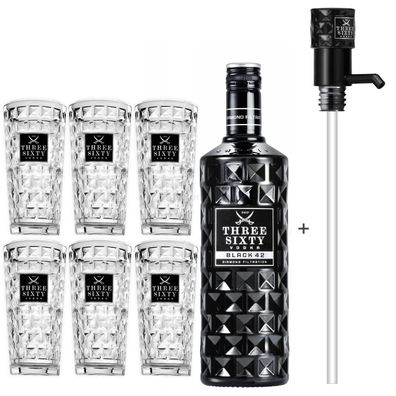 Three Sixty Black 42 Vodka 3L (42% Vol) + Pumpe + 6x Longdrink Gläser eckig -[E