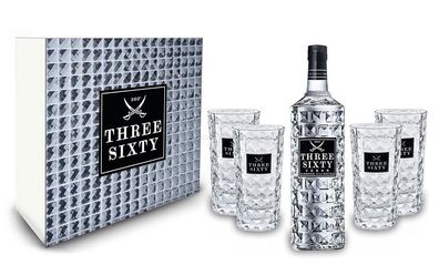 Three Sixty Set / Geschenkset - Three Sixty Vodka 1L (37,5% Vol) + 4x Gläser ec