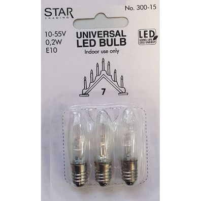 Universal LED Glühbirne E10 3er klares Glas 0,2W 10-55V 3lm 2100K 300-15