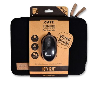Port Designs Torino Bundle Sleeve 10-12,5 Zoll Hülle mit USB-Kabel Maus - Schwarz