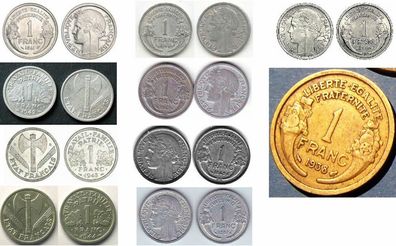 France Frankreich 1 Franc 1941,1942,1943,1944,1946,1947,1949,1957,1958,1938, sehr gut