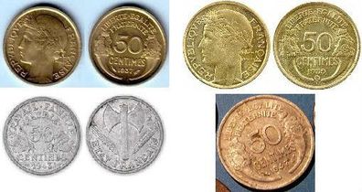 Frankreich: 50 Centimes 1937 oder 1939 oder 1943 oder 1947, Erhaltung sehr gut, 18 mm