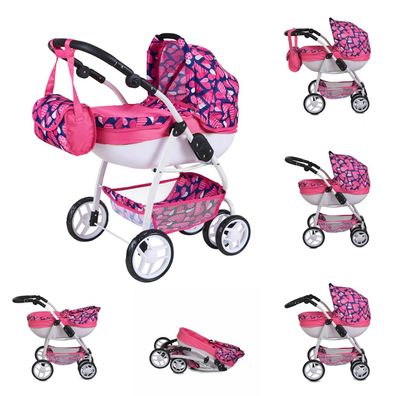 Moni Puppenwagen Pram Polly 9662, Winterkorb, Tasche, Schiebegriff verstellbar
