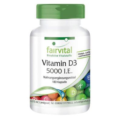 Vitamin D3 5000 I.E. 180 Kapseln, als Cholecalciferol - hochdosiert - fairvital