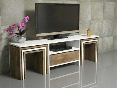 TV-Lowboard Eiche Weiß 140 x 30 cm Set 7-teilig 6 Beistelltische Fernsehtisch