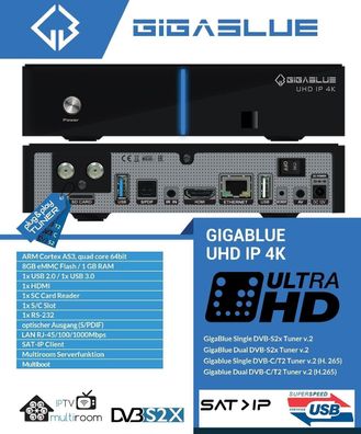 GigaBlue UHD IP 4K 1x Single DVB-S2X Tuner Multiroom Ultra HD IP Box Receiver