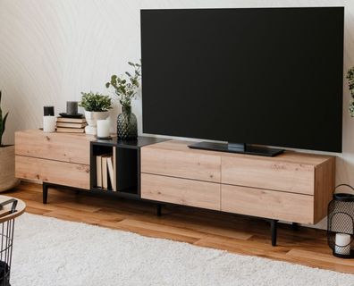 TV-Lowboard Eiche Artisan und schwarz Unterschrank Fernsehtisch Flat TV 195 cm Nola