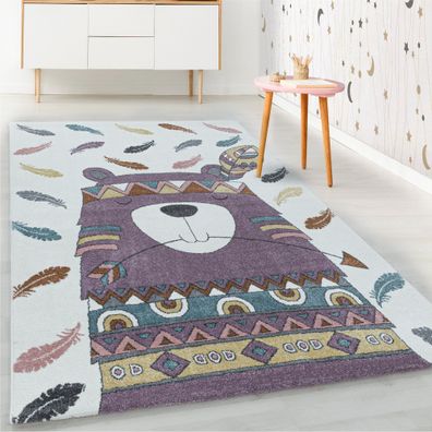 Kurzflor Kinderteppich Violet Indianer Bär Feder Design Kinderzimmer Teppich