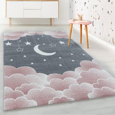 Kurzflor Kinderteppich Rosa Sternenhimmel Mond Wolken Design Kinderzimmer Weich