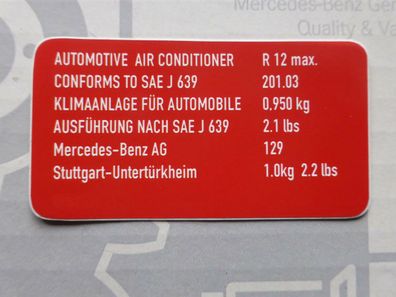 Mercedes Klimaanlagen-Aufkleber für R12 für R129 500SL W201 2.5-16 NOS!